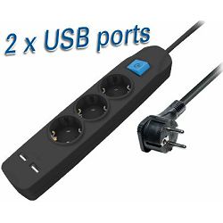 Transmedia 3-way power strip with two USB charging ports, 1,5m black
